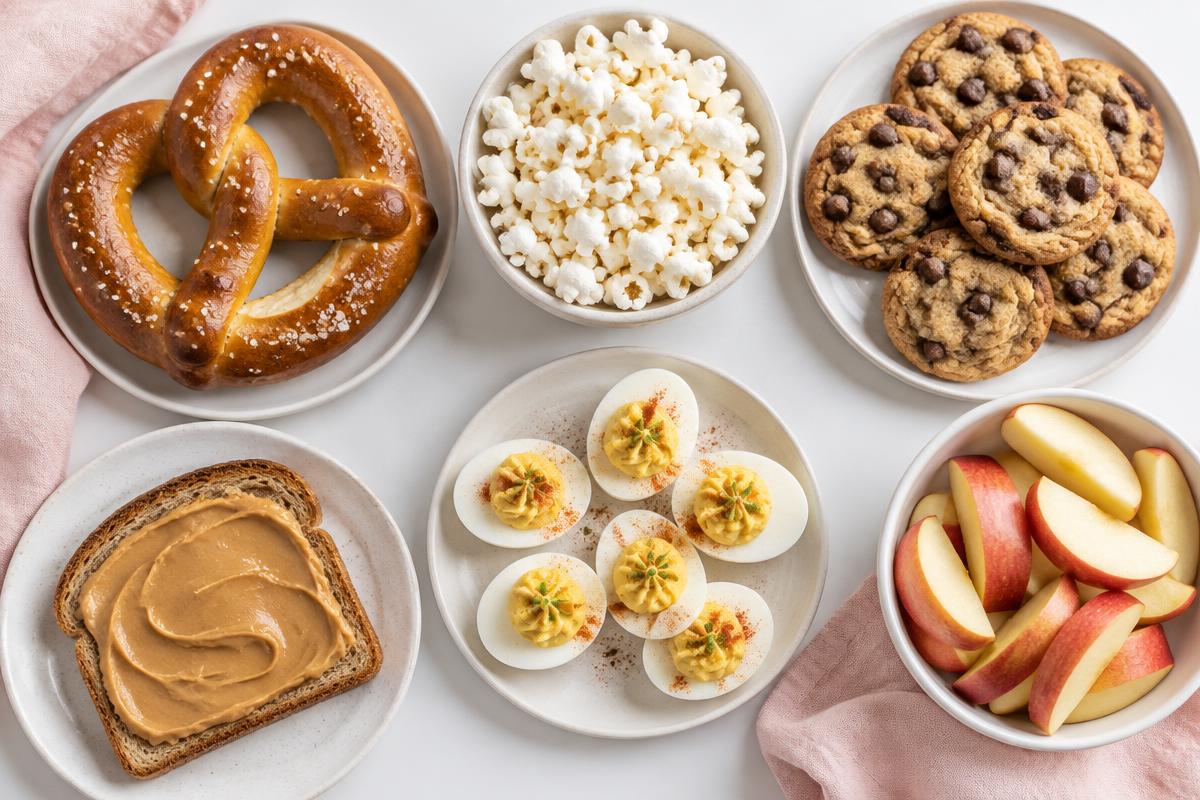 Illustration of pretzels, popcorn, cookies, deviled eggs and apple wedges