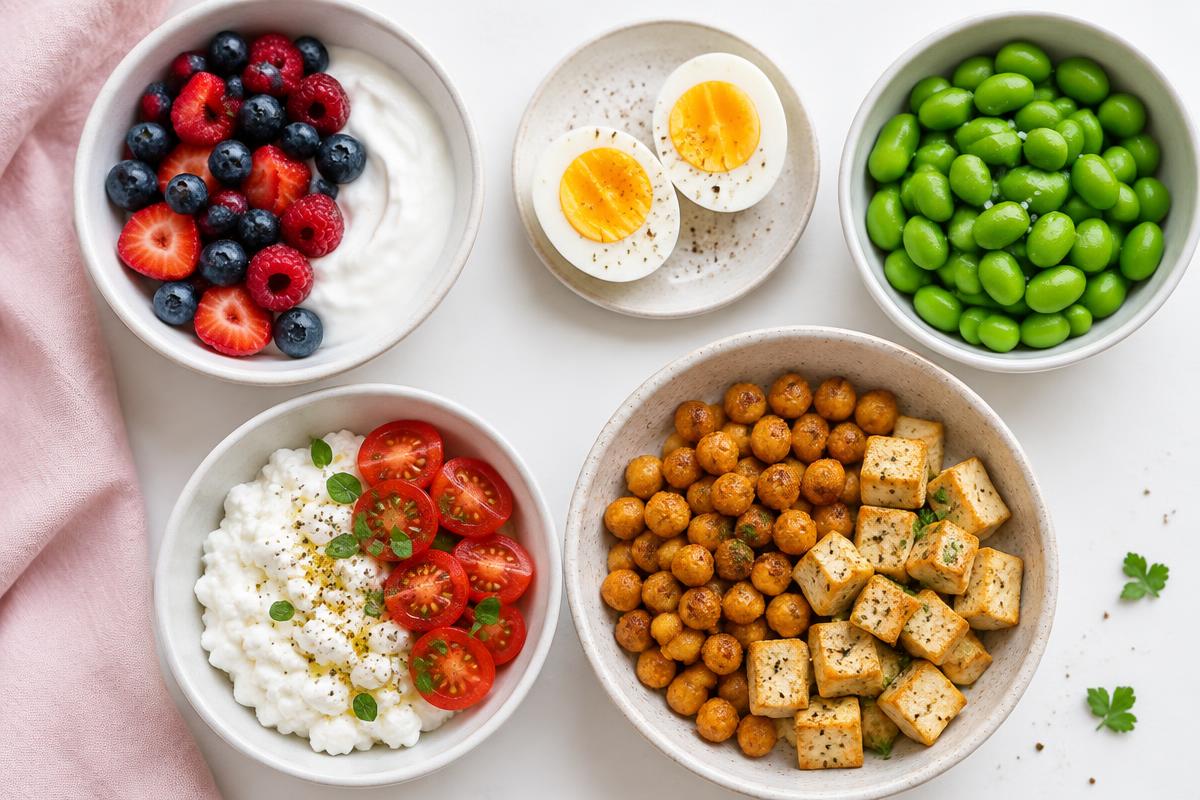 Illustration of eggs, yogurt, cucumber, fish and other protein-containing snacks
