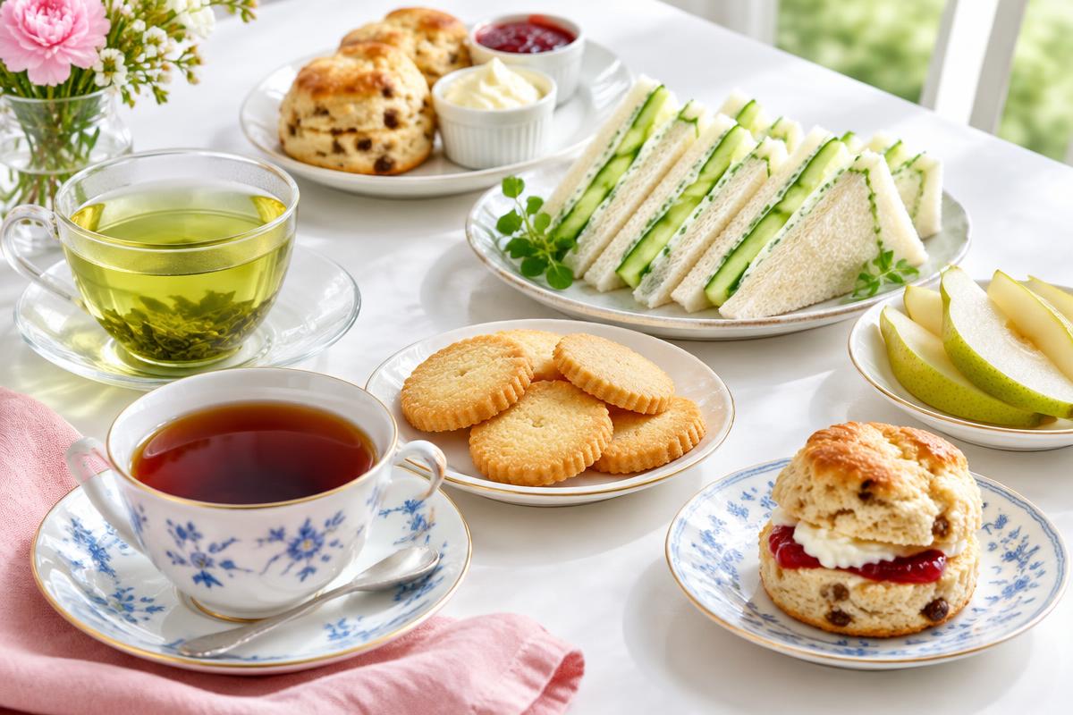 Illustration of tea cups, sandwiches, biscuits and pastries